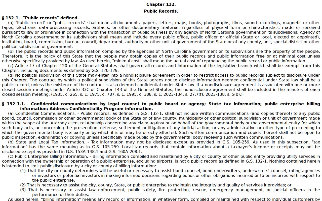 North Carolina public records law in Chapter 132