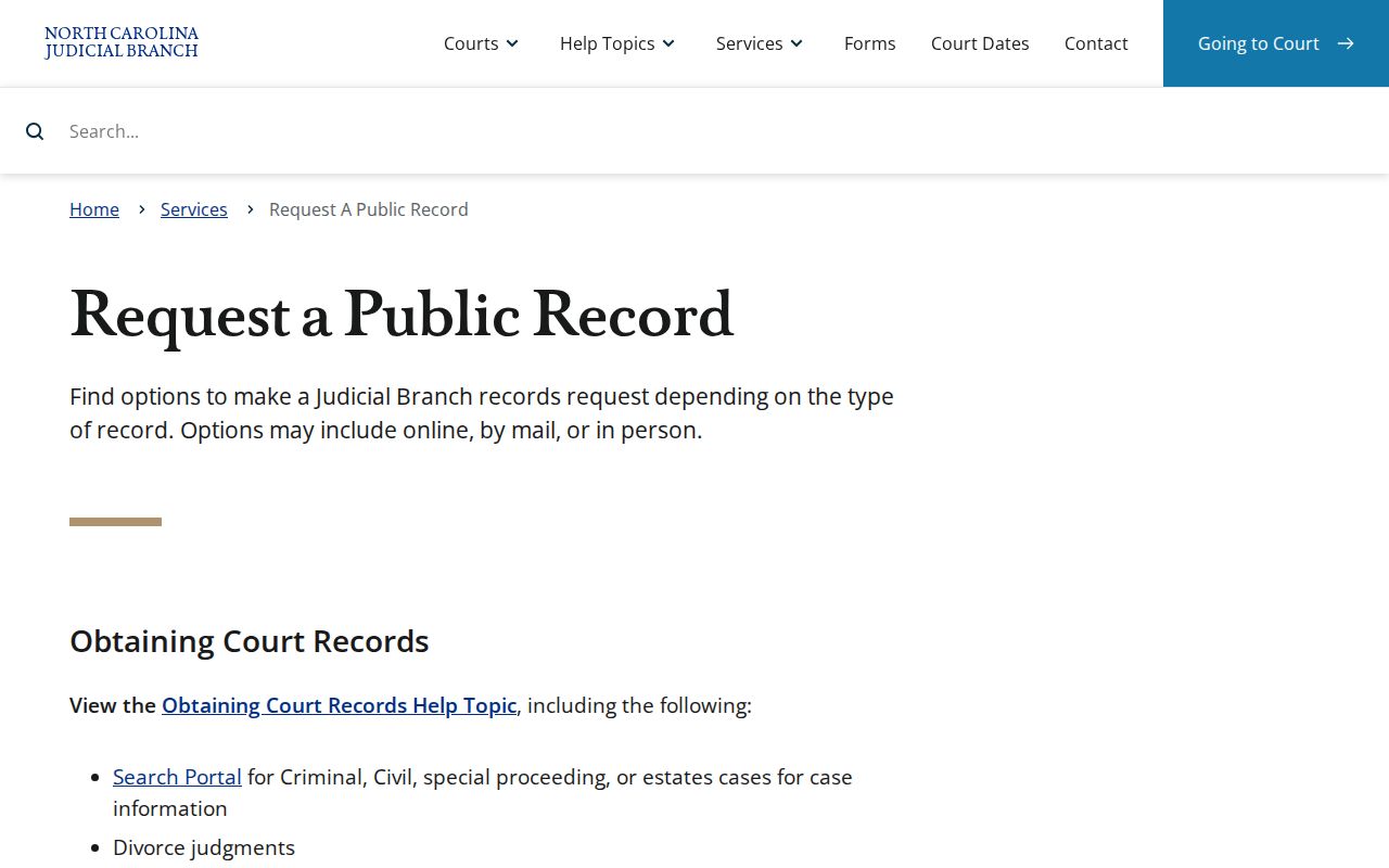 North Carolina public records request page for Judicial Branch administration