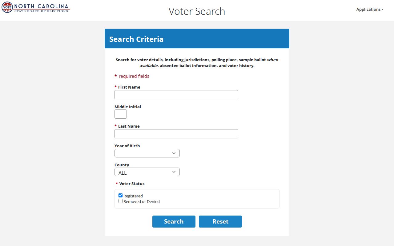 North Carolina voter registration lookup search fields