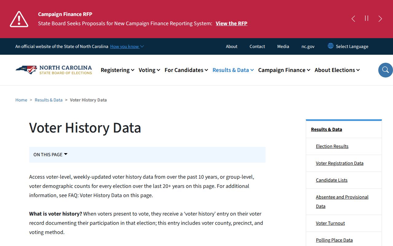 North Carolina voter registration participation history downloads